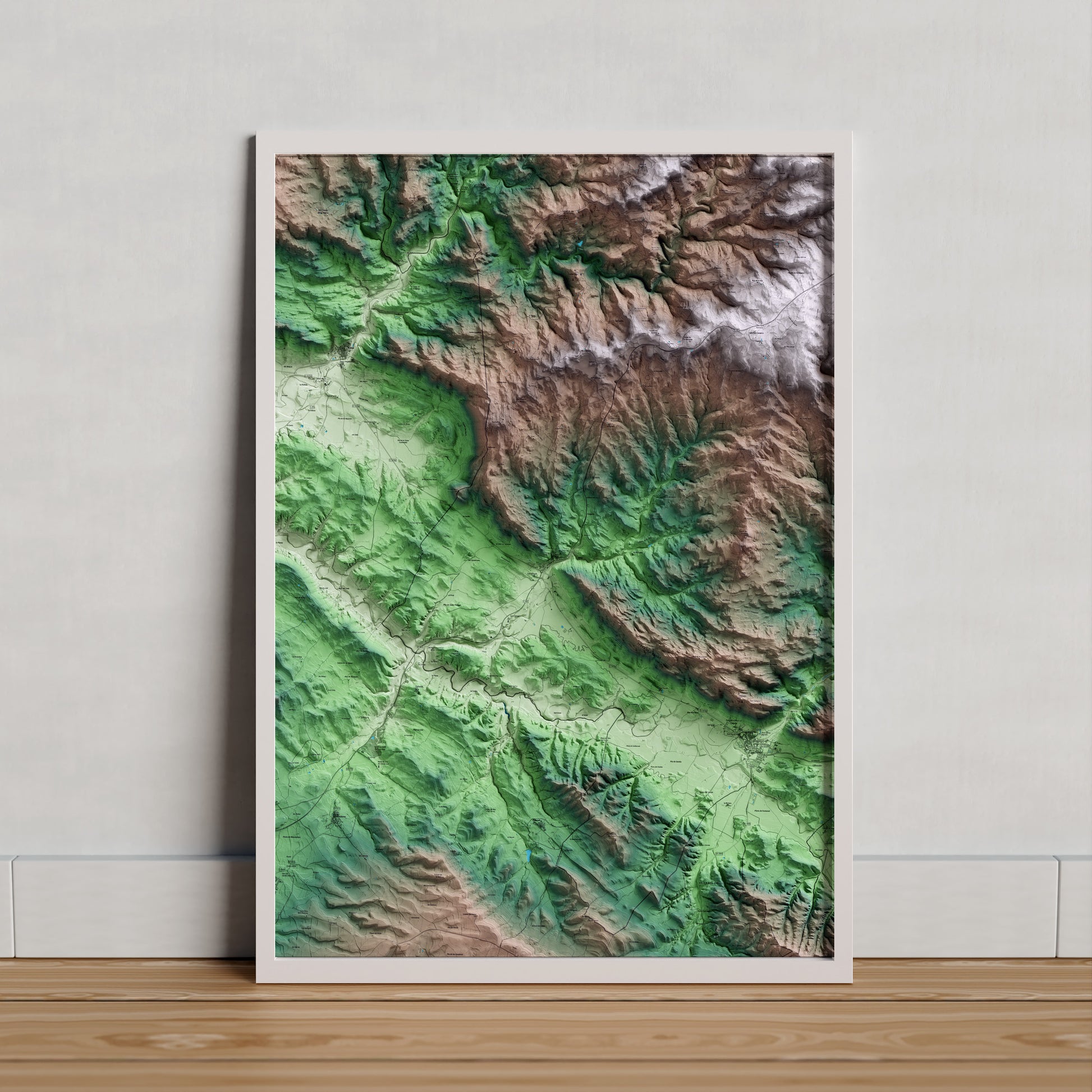 Mapa artístico del relieve de Biosca, al Solsonès, con 15 km de entorno y base topográfica ICGC. Presentación enmarcada.