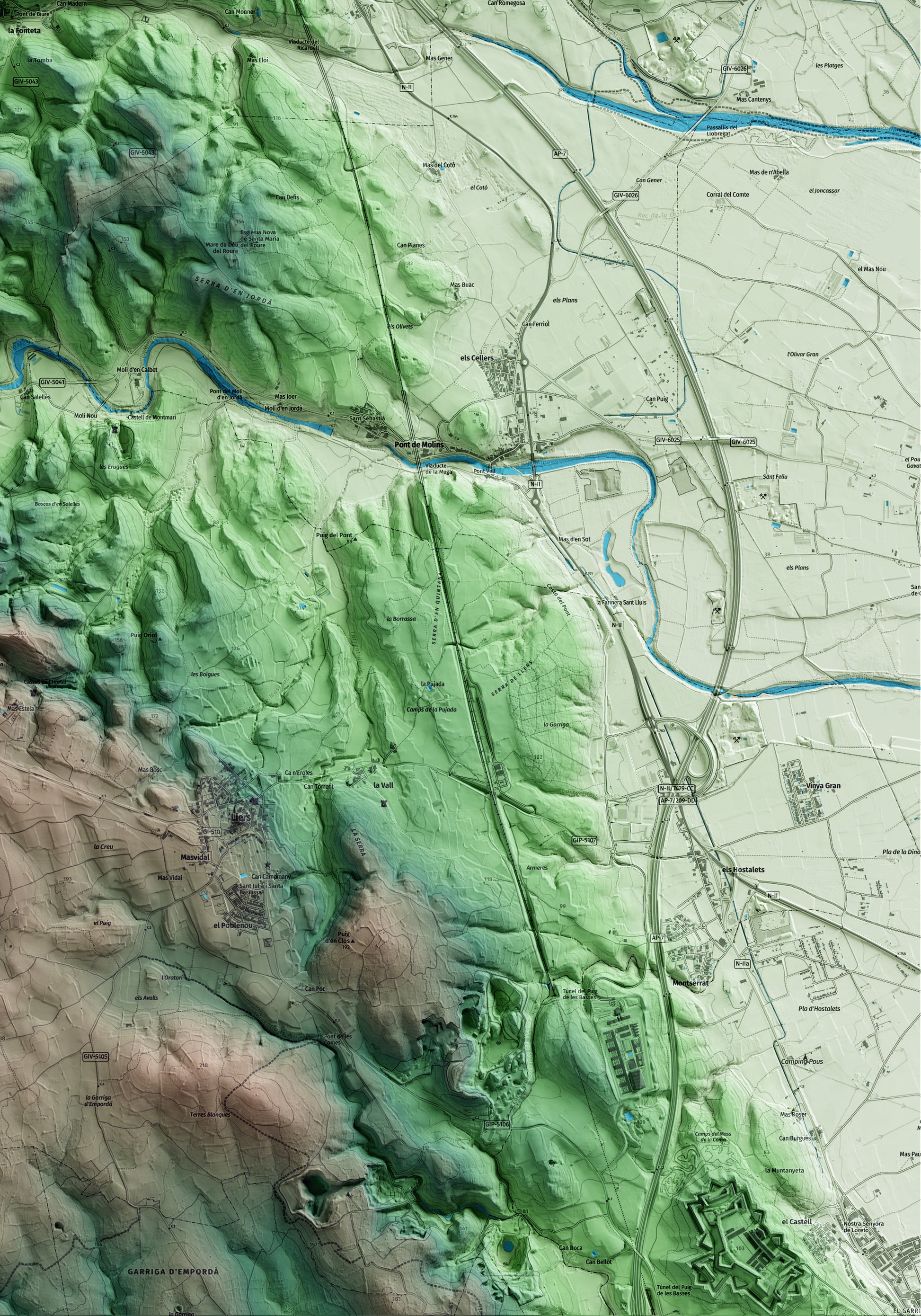 Mapa artístico del relieve de Biure, al Alt Empordà, con 15 km de entorno y base topográfica ICGC. Detalle de la zona inferior derecha.