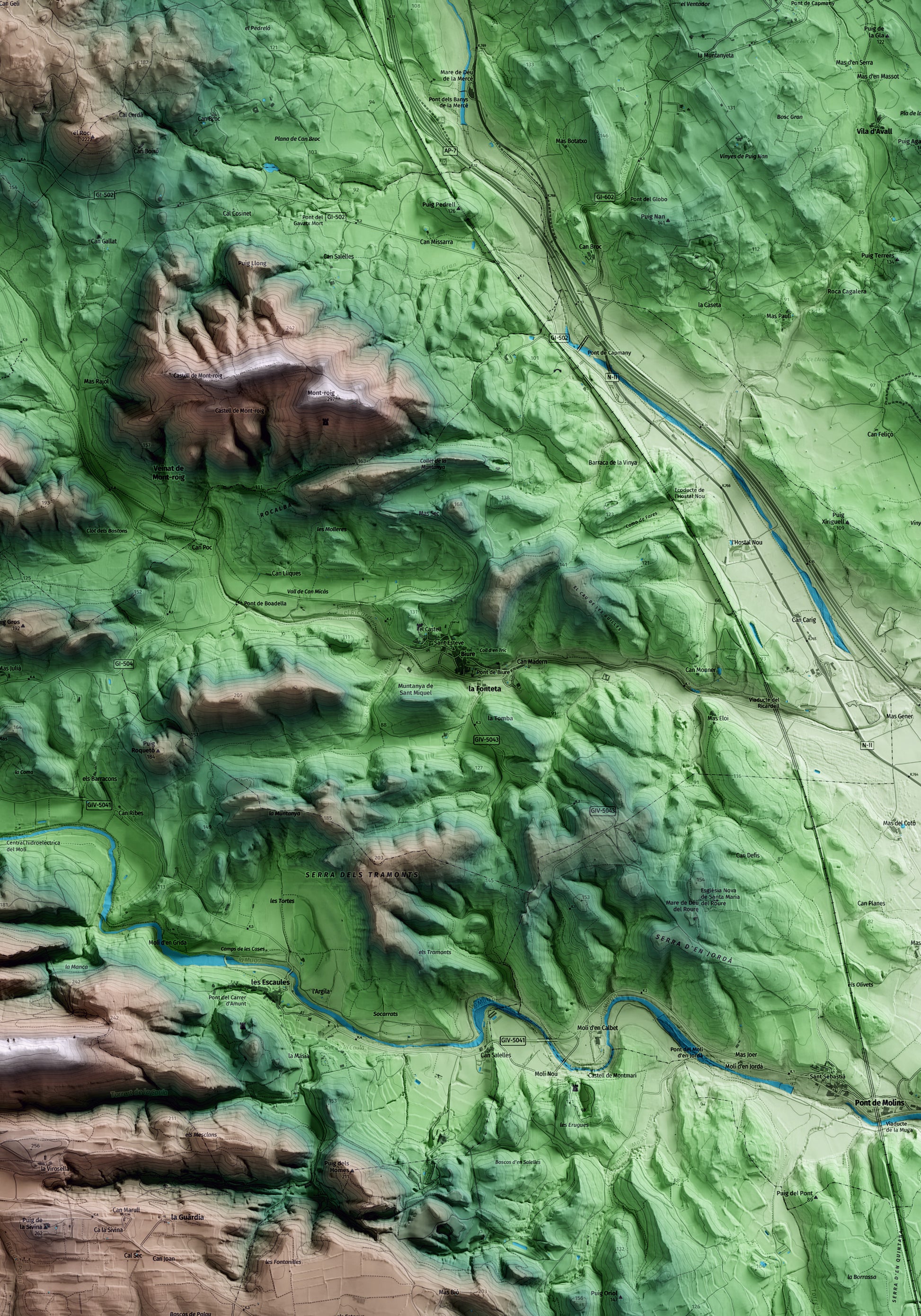 Mapa artístico del relieve de Biure, al Alt Empordà, con 15 km de entorno y base topográfica ICGC. Detalle de la zona central.