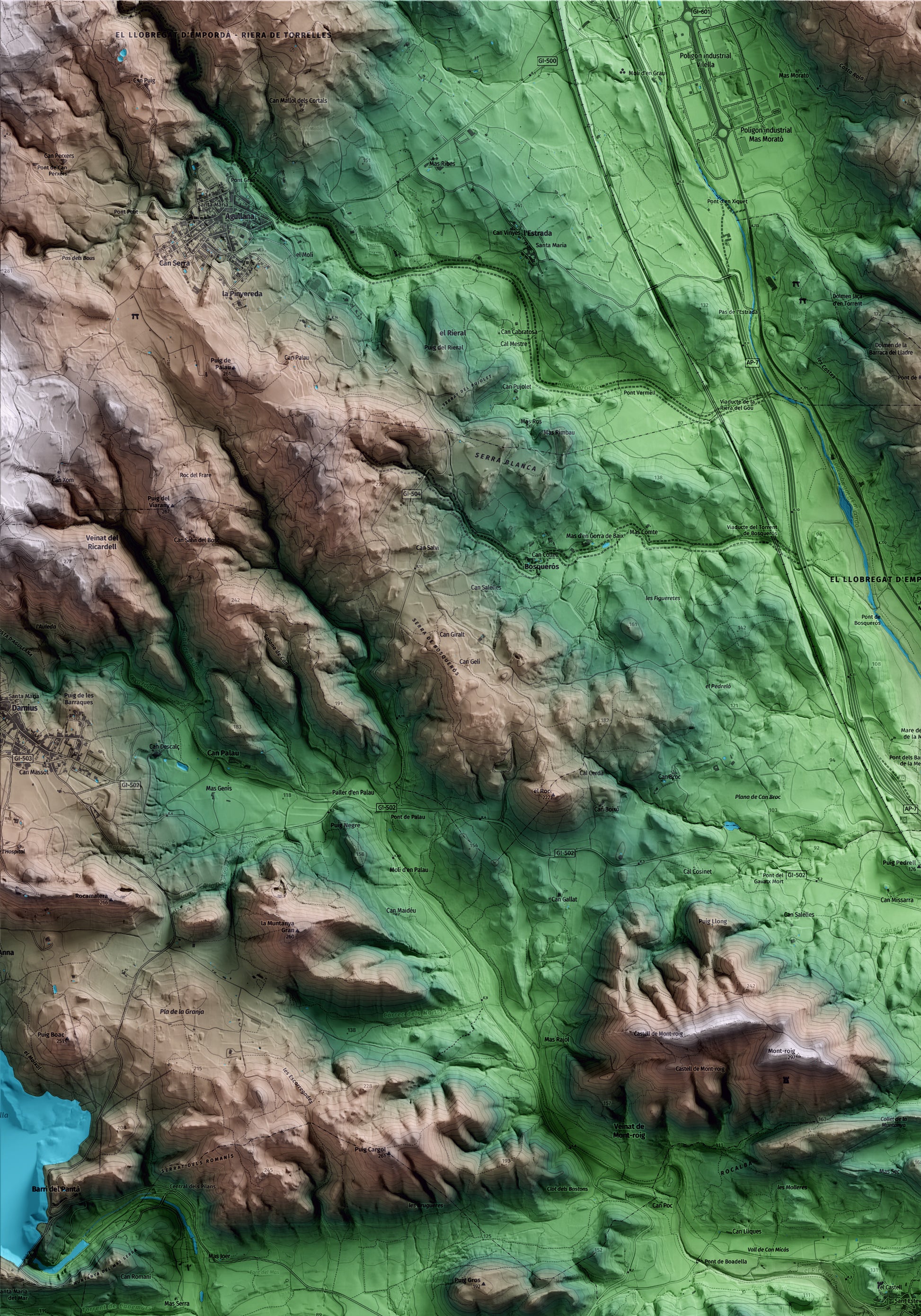 Mapa artístico del relieve de Biure, al Alt Empordà, con 15 km de entorno y base topográfica ICGC. Detalle de la zona superior izquierda.