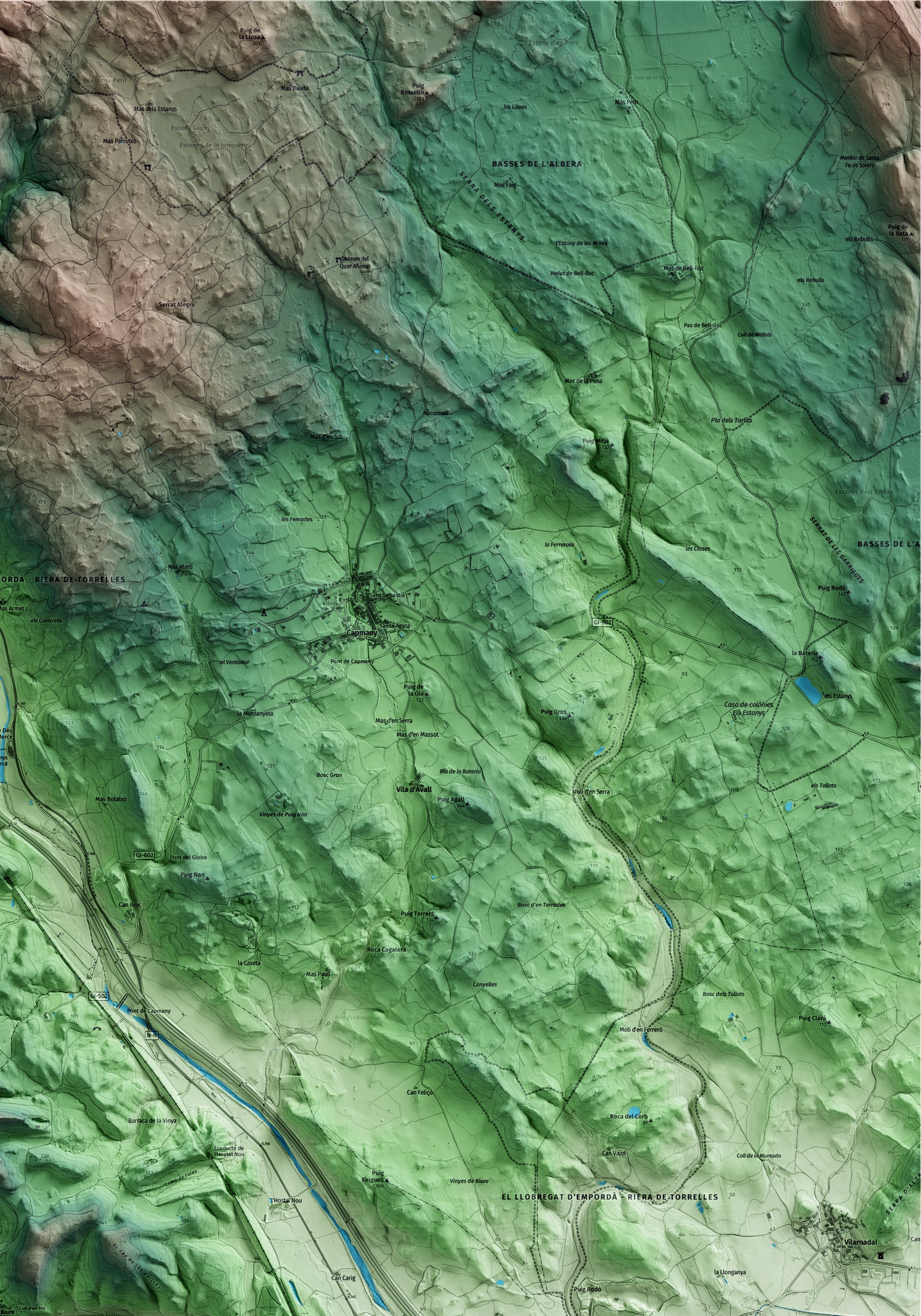 Mapa artístico del relieve de Biure, al Alt Empordà, con 15 km de entorno y base topográfica ICGC. Detalle de la zona superior derecha.