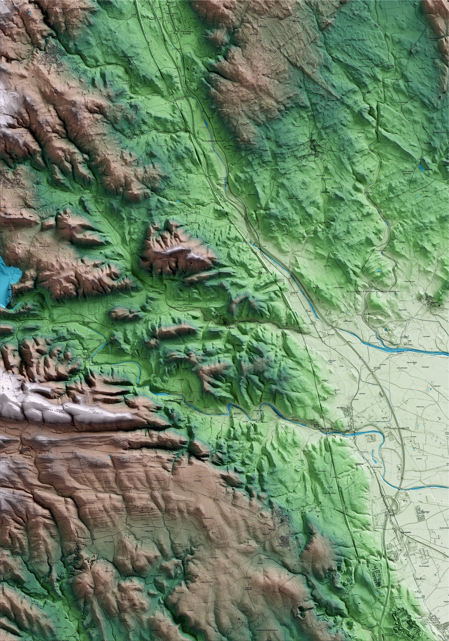 Mapa artístico del relieve de Biure, al Alt Empordà, con 15 km de entorno y base topográfica ICGC