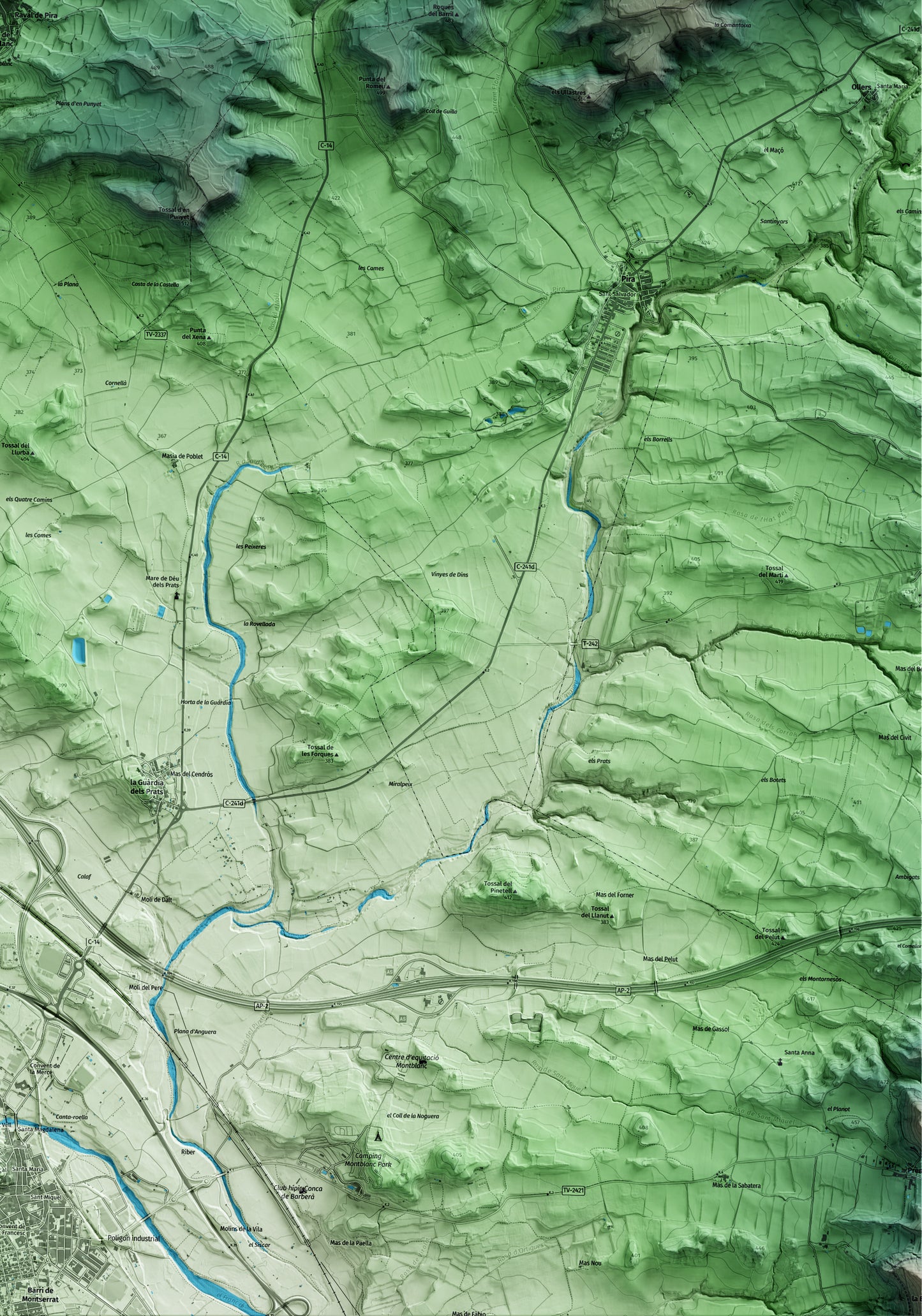 Mapa artístico del relieve de Blancafort, a la Conca de Barberà, con 15 km de entorno y base topográfica ICGC. Detalle de la zona inferior derecha.