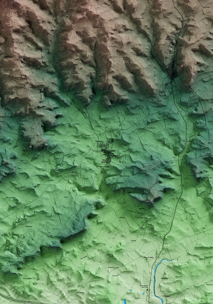 Mapa artístico del relieve de Blancafort, a la Conca de Barberà, con 15 km de entorno y base topográfica ICGC. Detalle de la zona central.