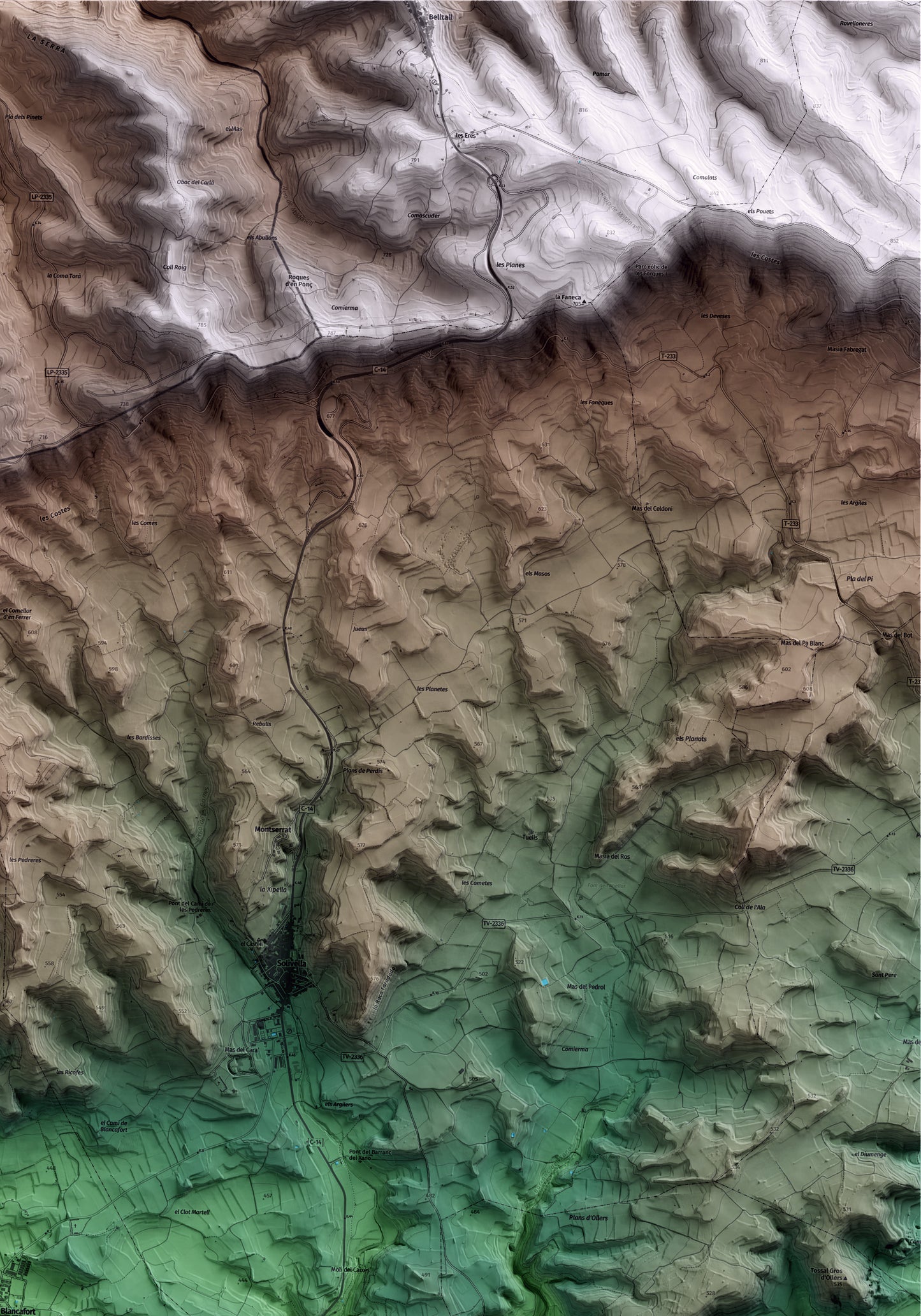 Mapa artístico del relieve de Blancafort, a la Conca de Barberà, con 15 km de entorno y base topográfica ICGC. Detalle de la zona superior derecha.
