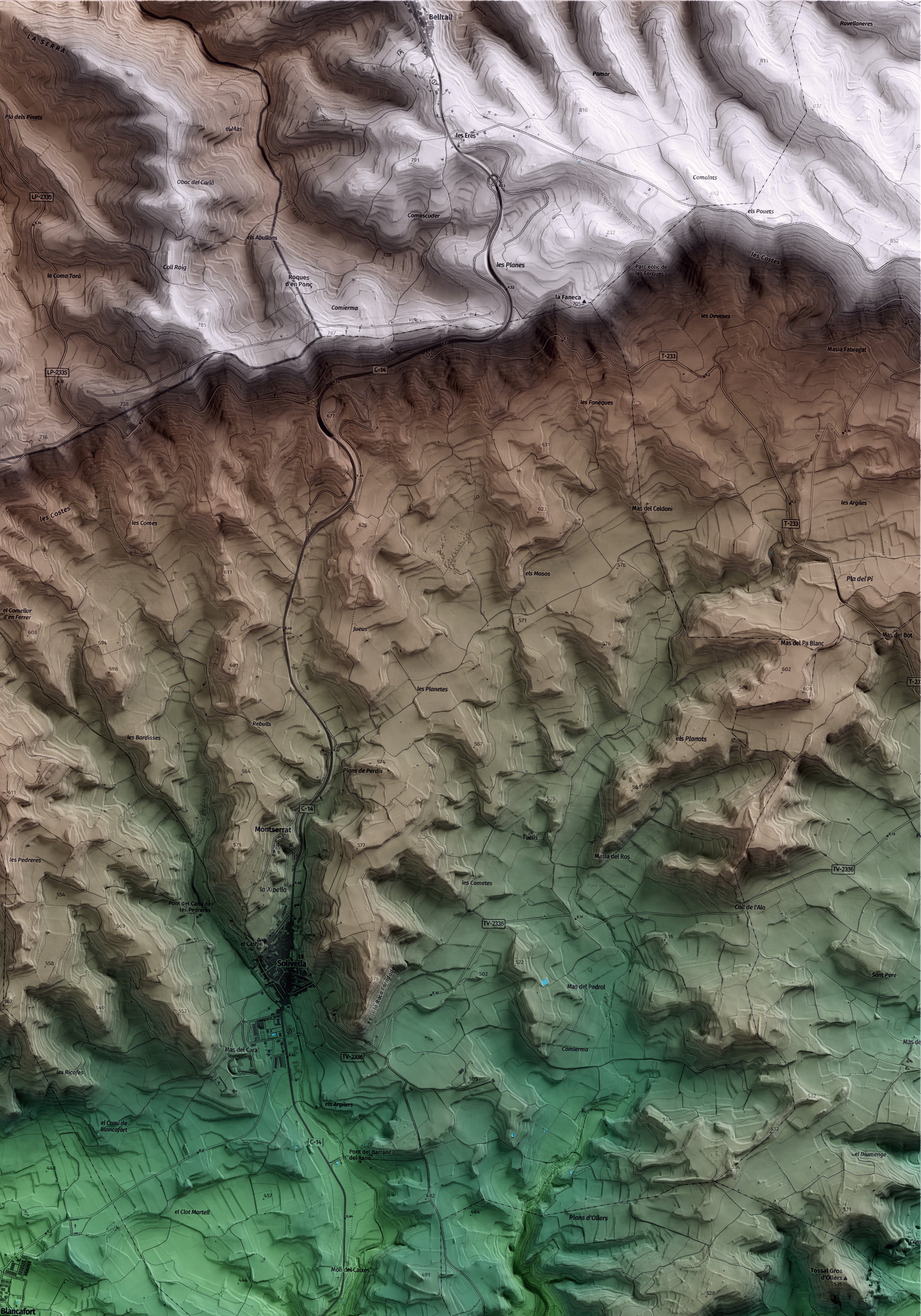 Mapa artístico del relieve de Blancafort, a la Conca de Barberà, con 15 km de entorno y base topográfica ICGC. Detalle de la zona superior derecha.