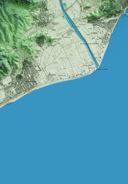 Mapa artístico del relieve de Blanes, a la Selva, con 15 km de entorno y base topográfica ICGC. Detalle de la zona inferior izquierda.
