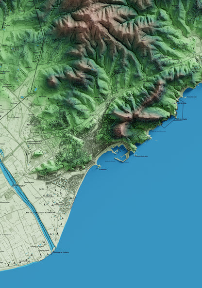 Mapa artístico del relieve de Blanes, a la Selva, con 15 km de entorno y base topográfica ICGC. Detalle de la zona central.