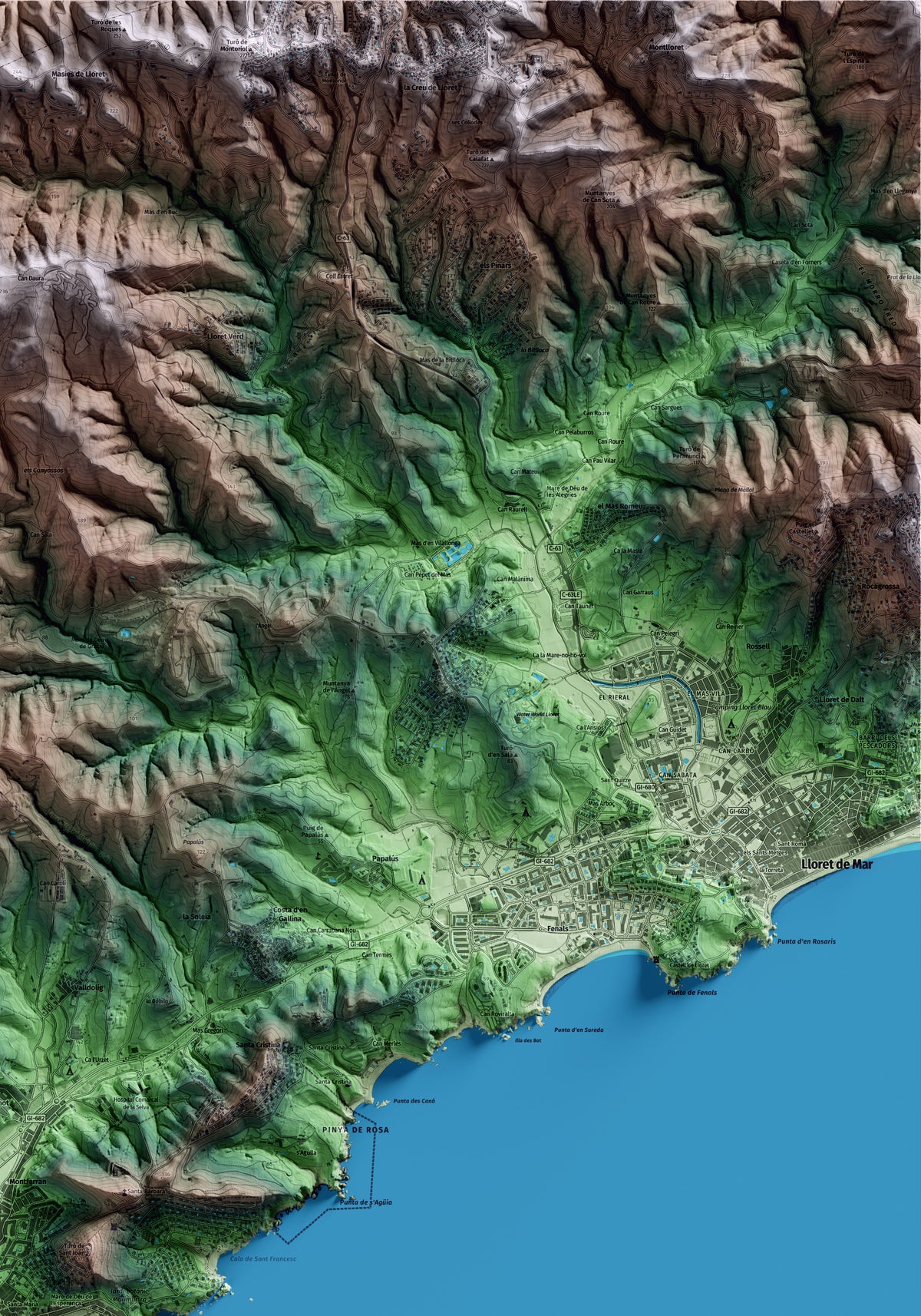 Mapa artístico del relieve de Blanes, a la Selva, con 15 km de entorno y base topográfica ICGC. Detalle de la zona superior derecha.