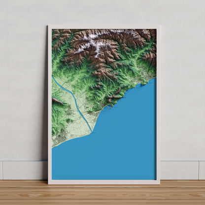 Mapa artístico del relieve de Blanes, a la Selva, con 15 km de entorno y base topográfica ICGC. Presentación enmarcada.