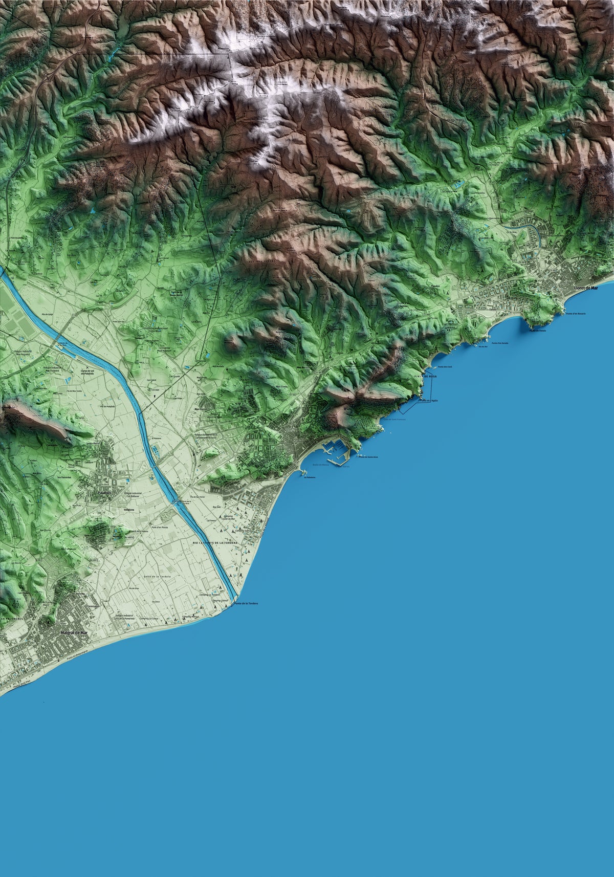 Mapa artístico del relieve de Blanes, a la Selva, con 15 km de entorno y base topográfica ICGC