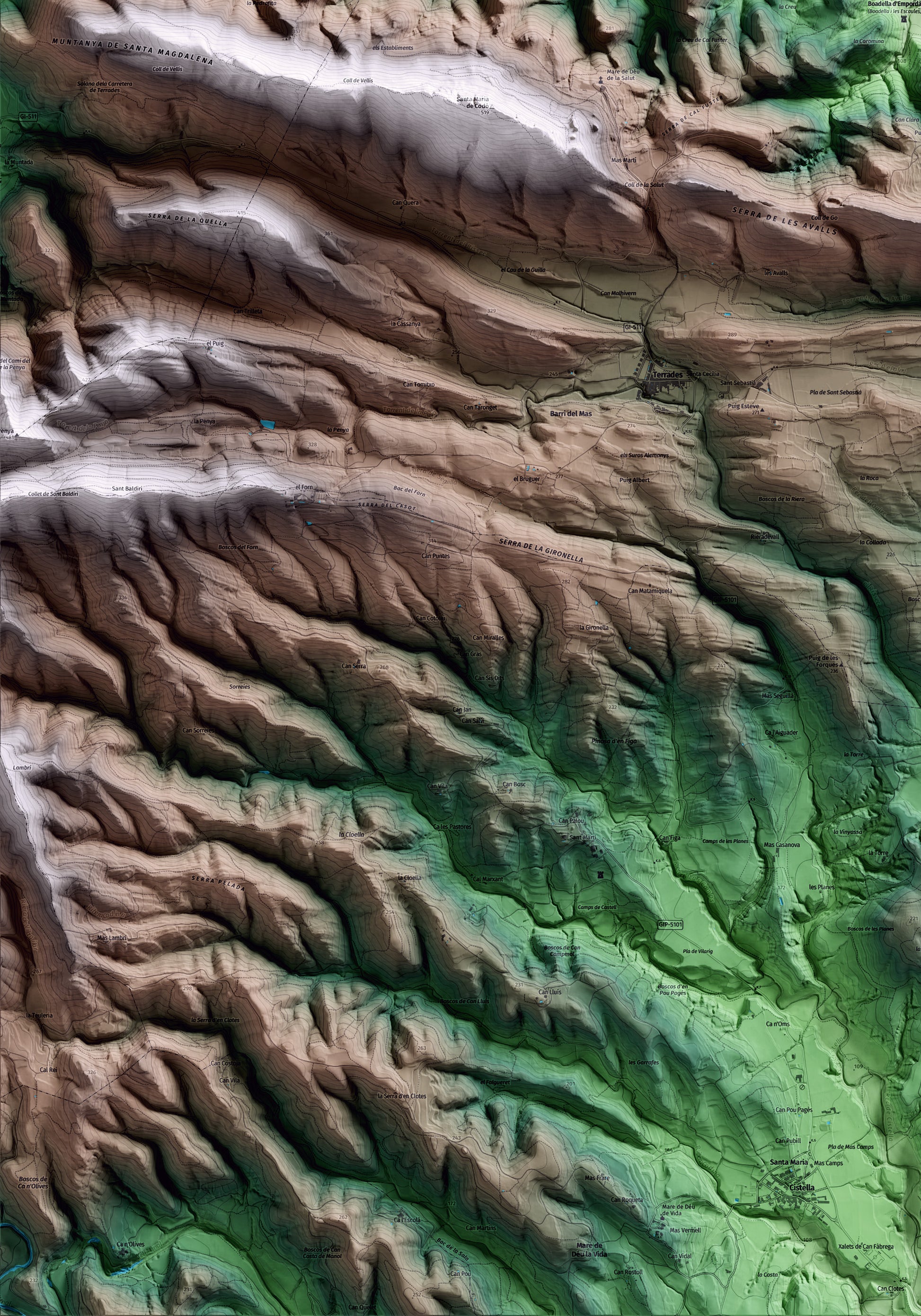 Mapa artístico del relieve de Boadella i les Escaules, al Alt Empordà, con 15 km de entorno y base topográfica ICGC. Detalle de la zona inferior izquierda.