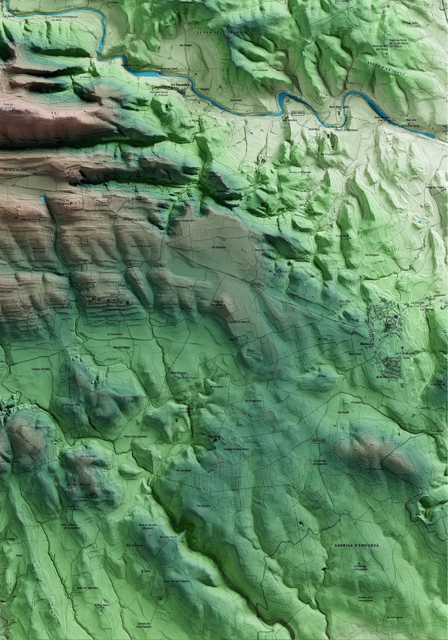 Mapa artístico del relieve de Boadella i les Escaules, al Alt Empordà, con 15 km de entorno y base topográfica ICGC. Detalle de la zona inferior derecha.