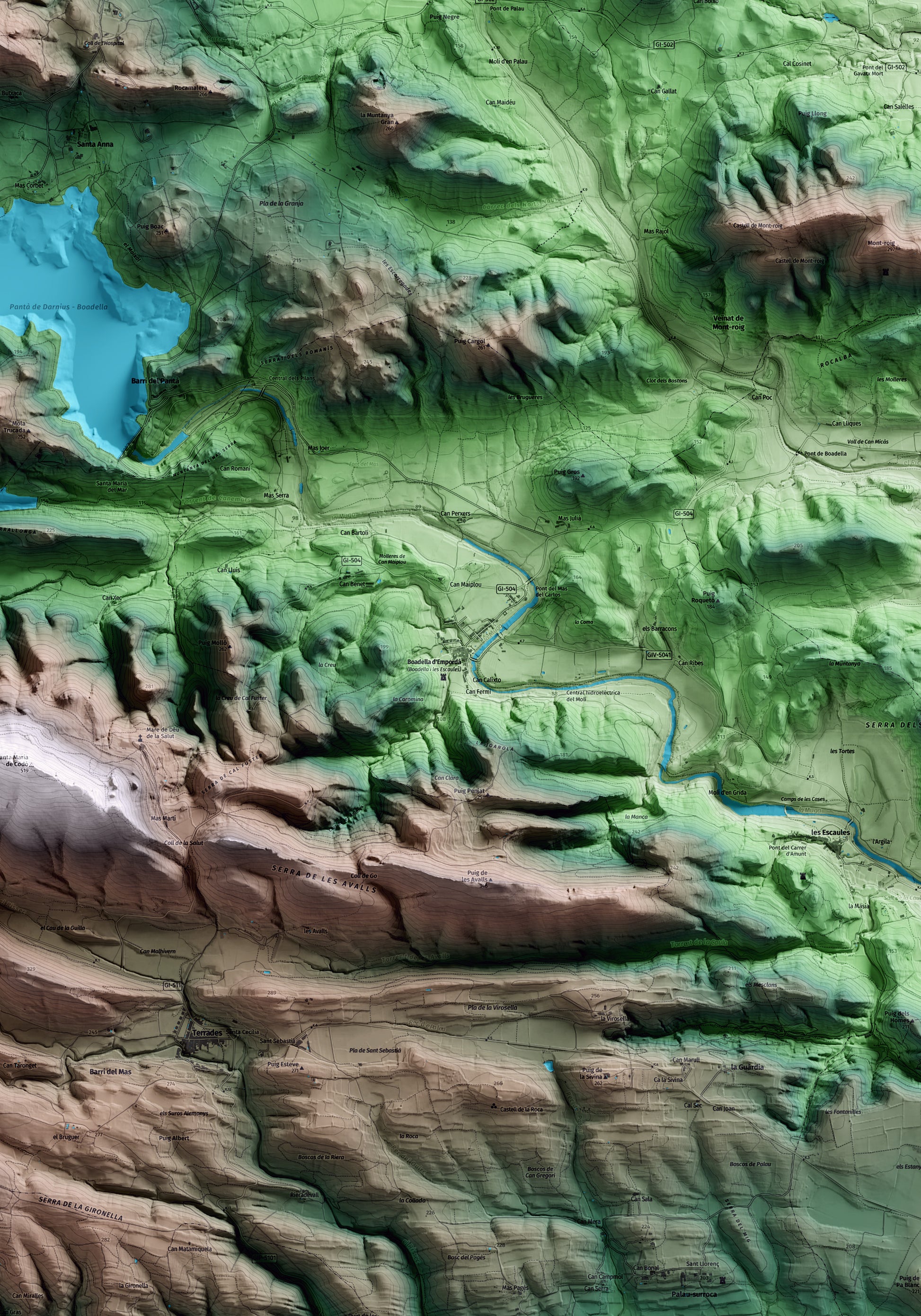 Mapa artístico del relieve de Boadella i les Escaules, al Alt Empordà, con 15 km de entorno y base topográfica ICGC. Detalle de la zona central.