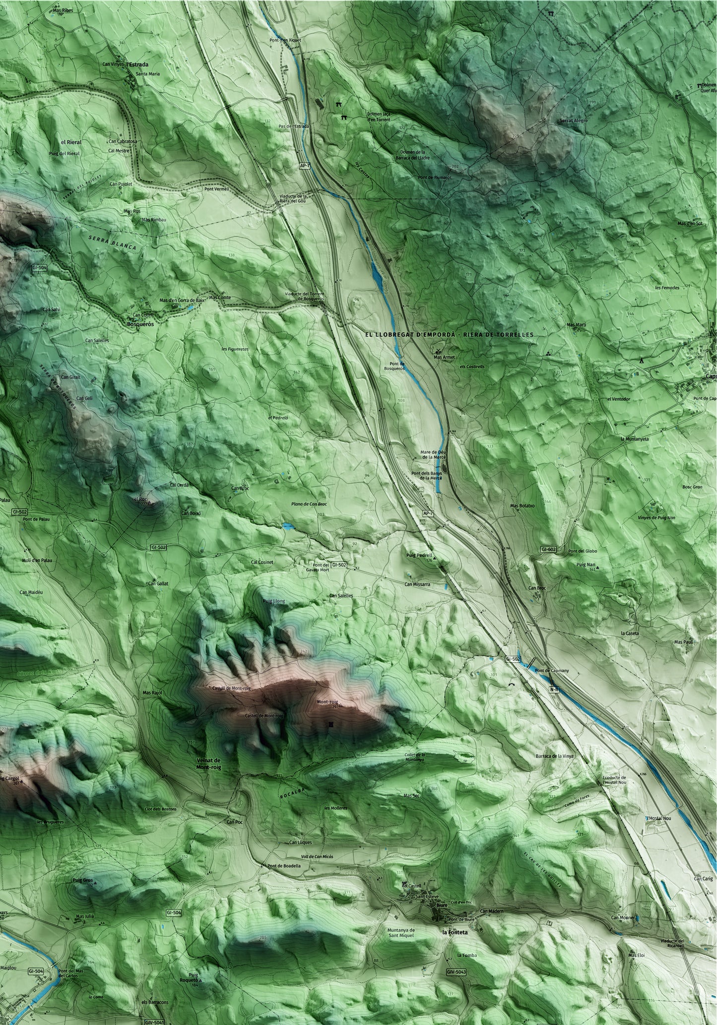 Mapa artístico del relieve de Boadella i les Escaules, al Alt Empordà, con 15 km de entorno y base topográfica ICGC. Detalle de la zona superior derecha.