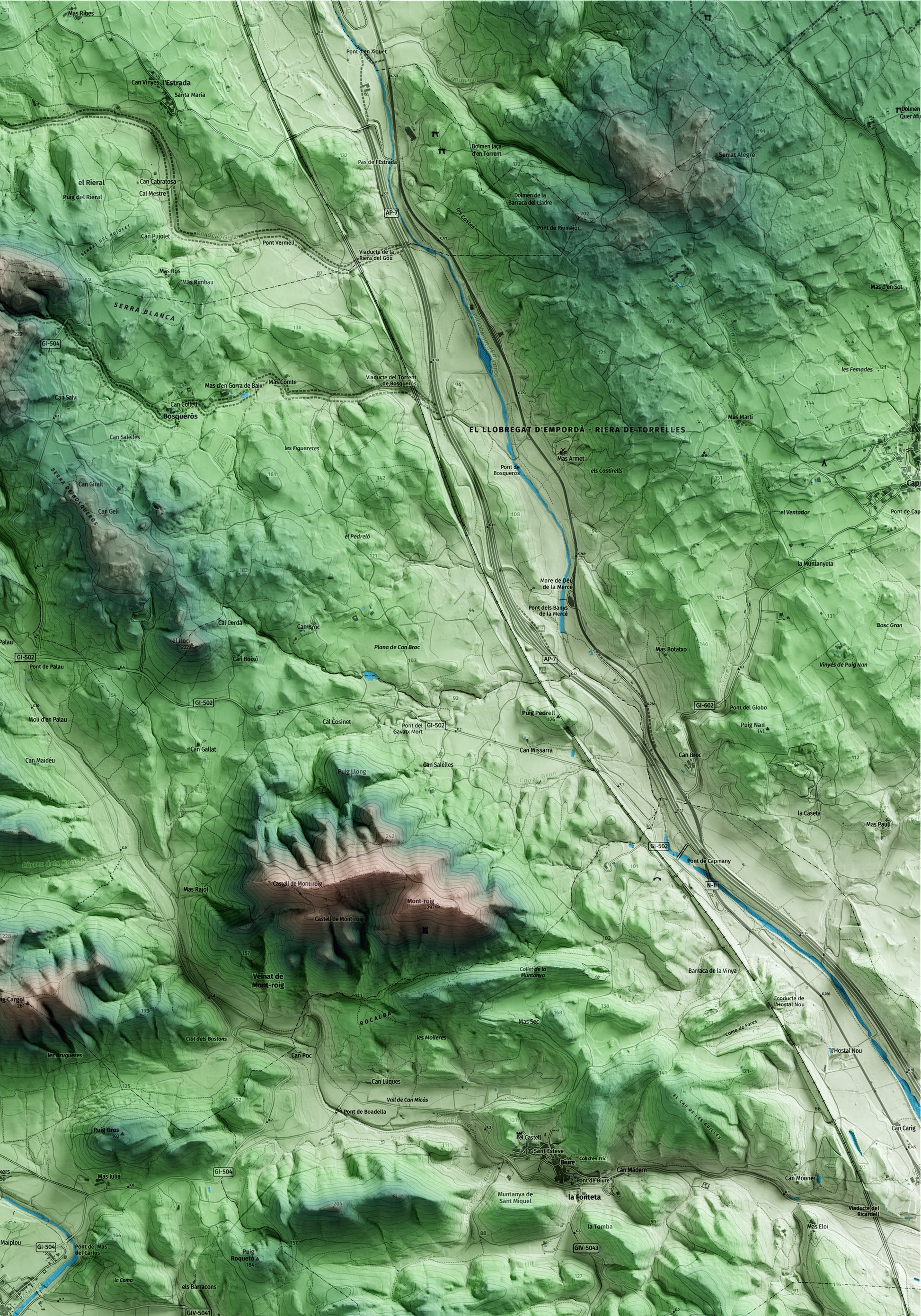 Mapa artístico del relieve de Boadella i les Escaules, al Alt Empordà, con 15 km de entorno y base topográfica ICGC. Detalle de la zona superior derecha.