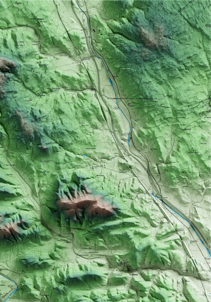 Mapa artístico del relieve de Boadella i les Escaules, al Alt Empordà, con 15 km de entorno y base topográfica ICGC. Detalle de la zona superior derecha.