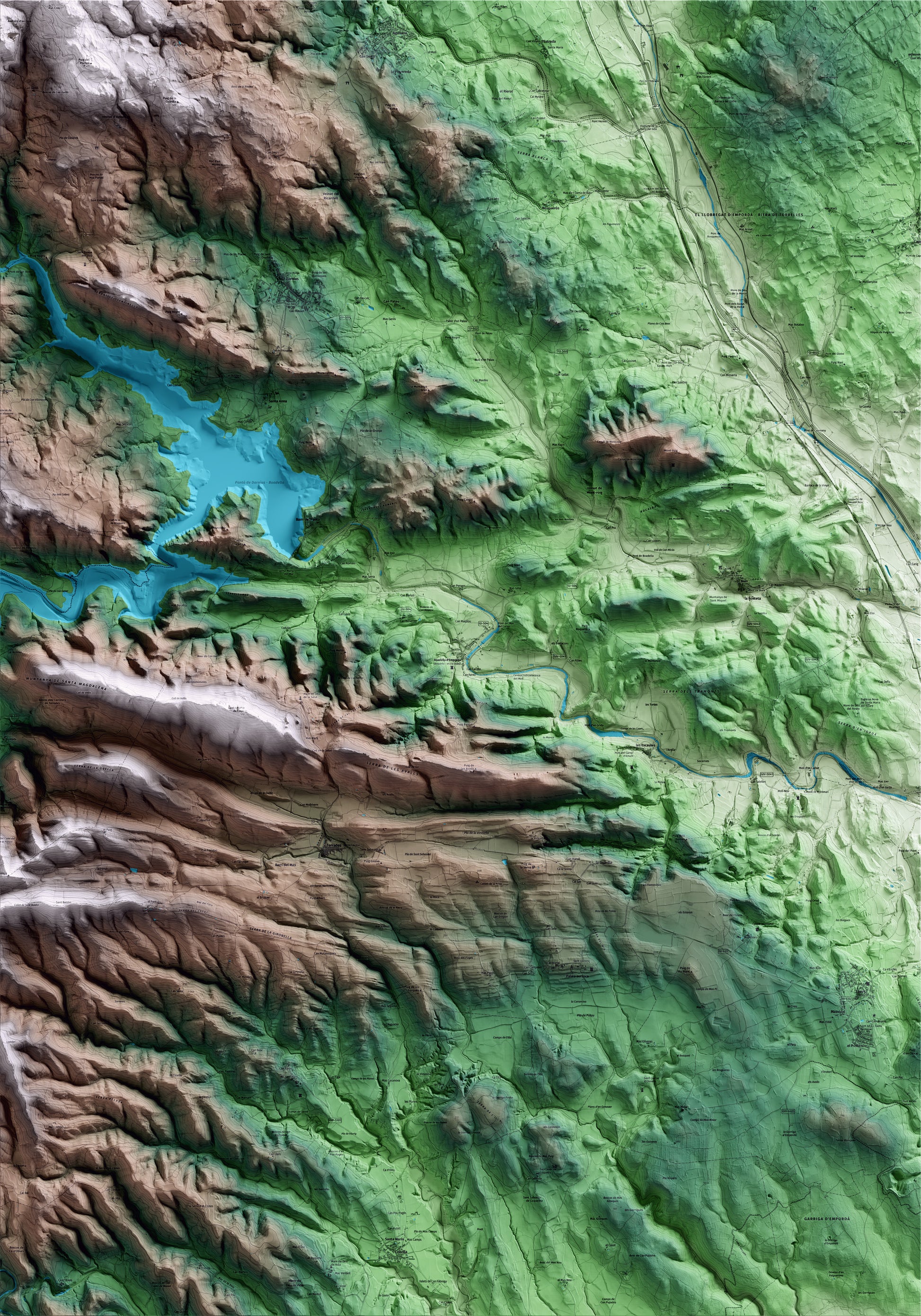 Mapa artístico del relieve de Boadella i les Escaules, al Alt Empordà, con 15 km de entorno y base topográfica ICGC