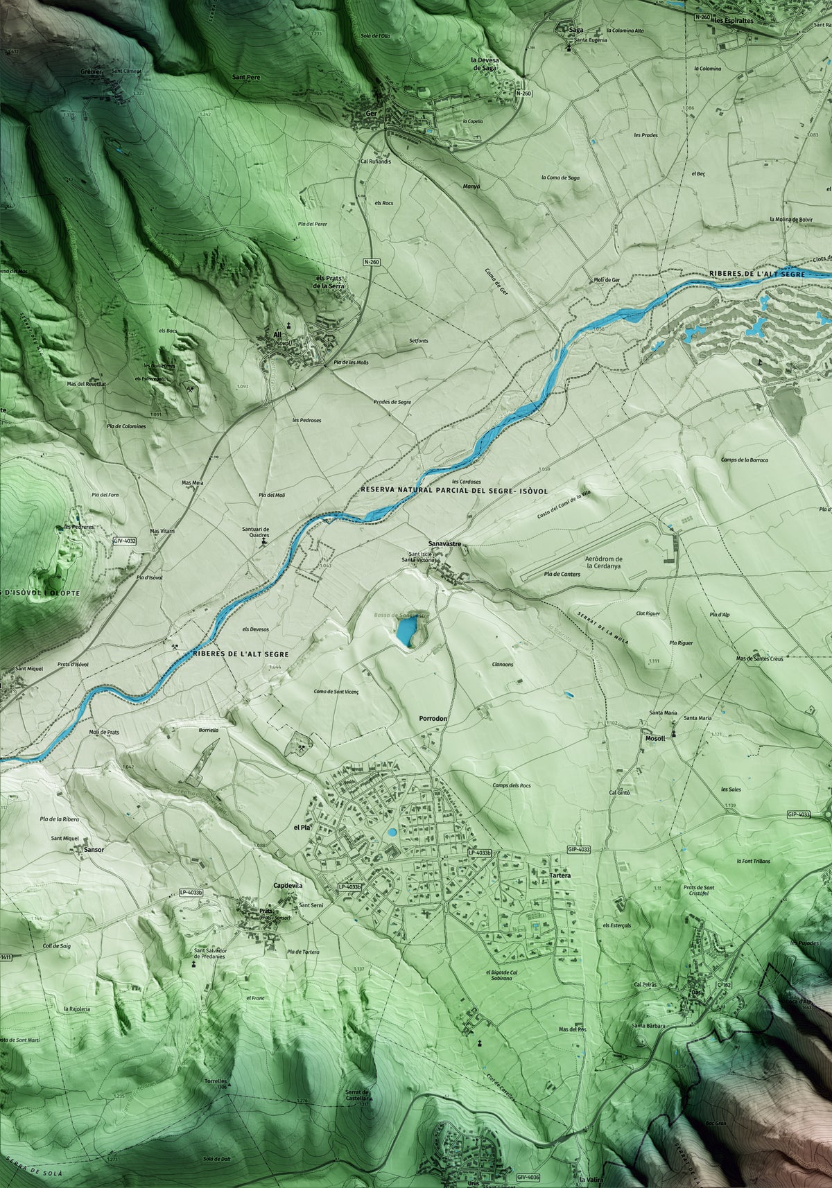 Mapa artístico del relieve de Bolvir, a la Cerdanya, con 15 km de entorno y base topográfica ICGC. Detalle de la zona inferior izquierda.