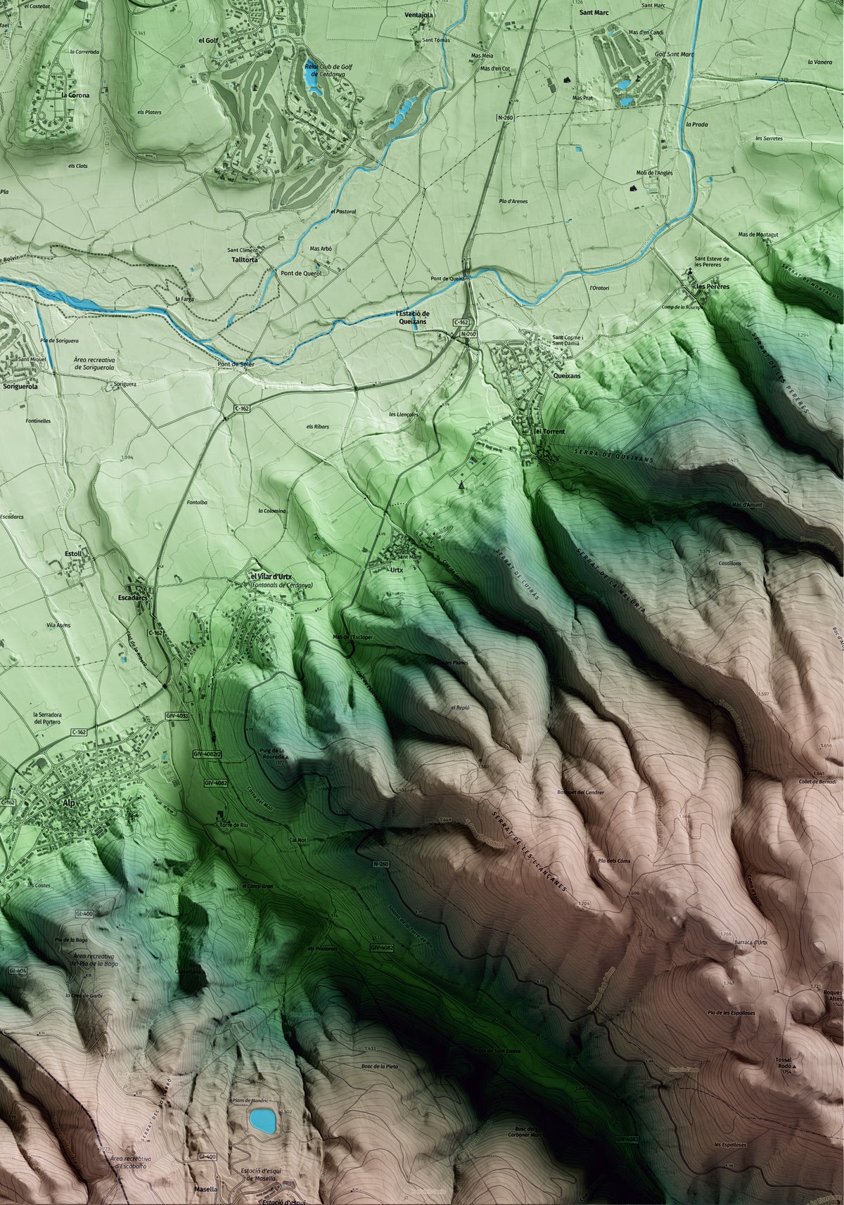 Mapa artístico del relieve de Bolvir, a la Cerdanya, con 15 km de entorno y base topográfica ICGC. Detalle de la zona inferior derecha.