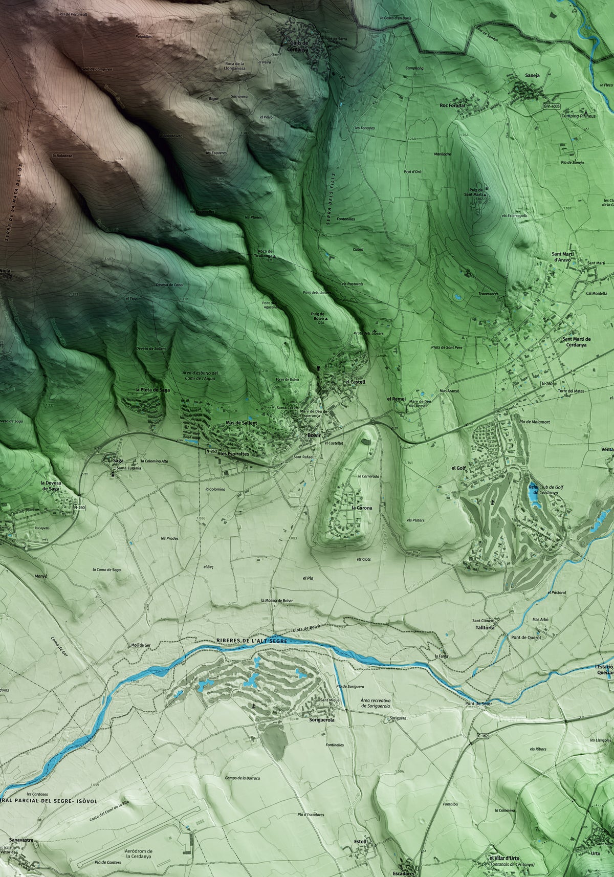 Mapa artístico del relieve de Bolvir, a la Cerdanya, con 15 km de entorno y base topográfica ICGC. Detalle de la zona central.