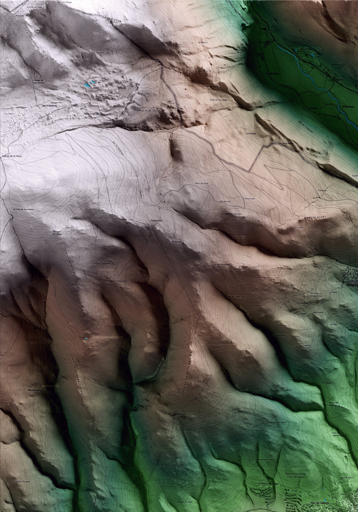 Mapa artístico del relieve de Bolvir, a la Cerdanya, con 15 km de entorno y base topográfica ICGC. Detalle de la zona superior izquierda.