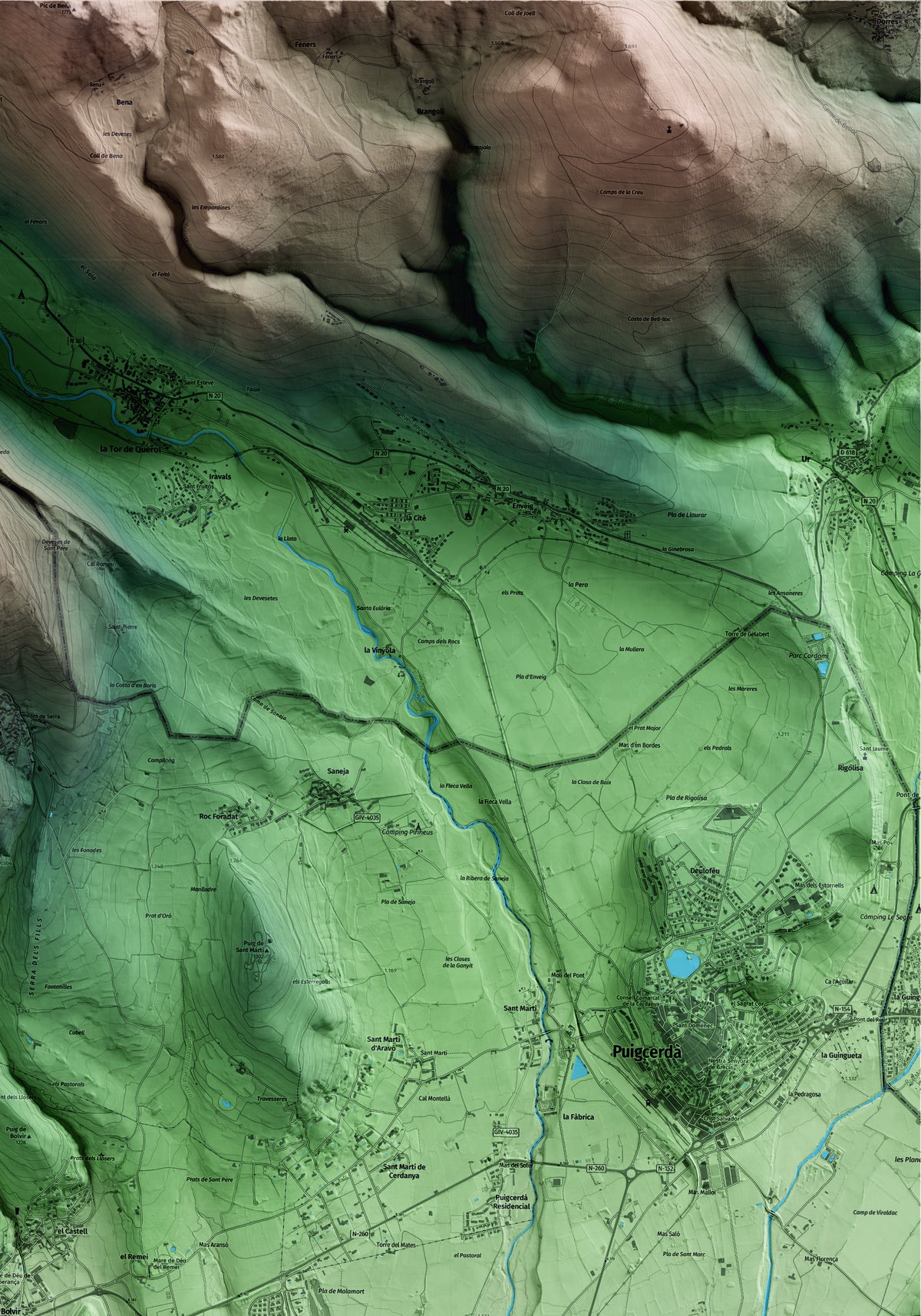 Mapa artístico del relieve de Bolvir, a la Cerdanya, con 15 km de entorno y base topográfica ICGC. Detalle de la zona superior derecha.