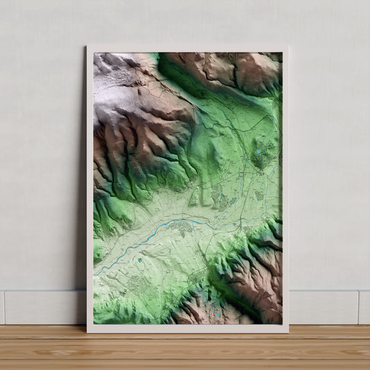 Mapa artístico del relieve de Bolvir, a la Cerdanya, con 15 km de entorno y base topográfica ICGC. Presentación enmarcada.