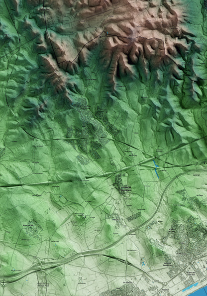 Mapa artístico del relieve de Bonastre, al Baix Penedès, con 15 km de entorno y base topográfica ICGC. Detalle de la zona inferior izquierda.