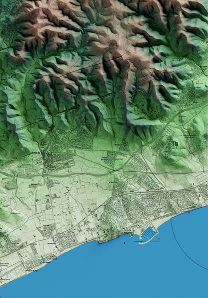 Mapa artístico del relieve de Bonastre, al Baix Penedès, con 15 km de entorno y base topográfica ICGC. Detalle de la zona inferior derecha.