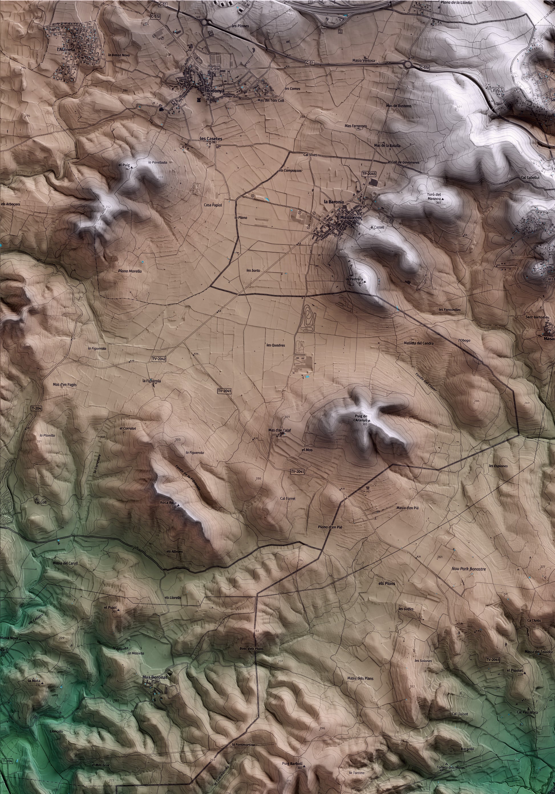 Mapa artístico del relieve de Bonastre, al Baix Penedès, con 15 km de entorno y base topográfica ICGC. Detalle de la zona superior izquierda.