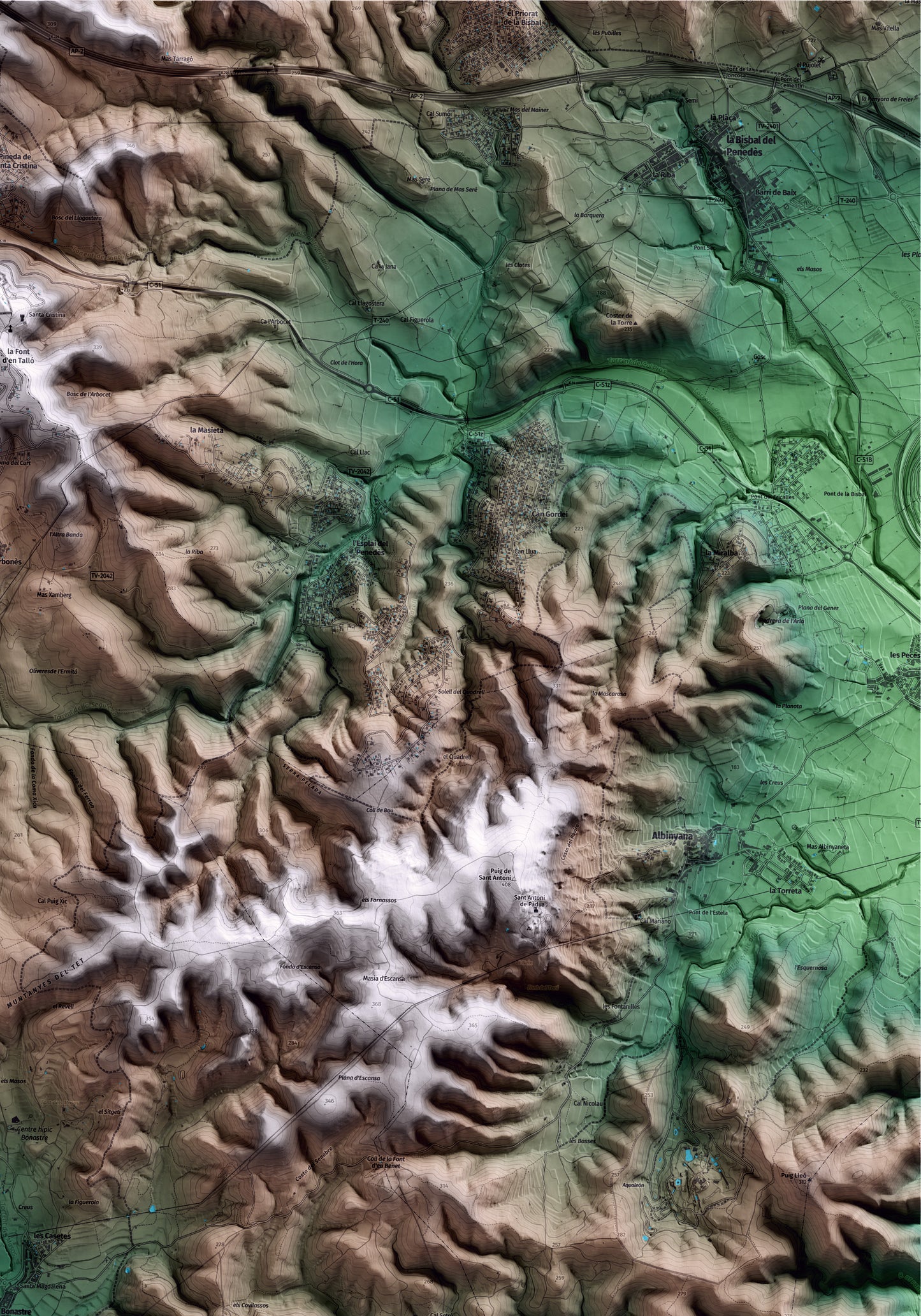 Mapa artístico del relieve de Bonastre, al Baix Penedès, con 15 km de entorno y base topográfica ICGC. Detalle de la zona superior derecha.