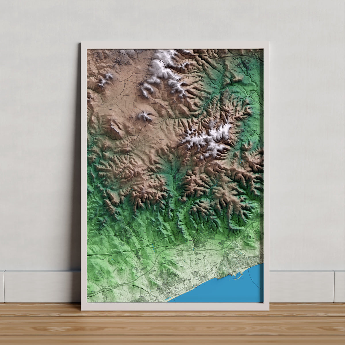 Mapa artístico del relieve de Bonastre, al Baix Penedès, con 15 km de entorno y base topográfica ICGC. Presentación enmarcada.