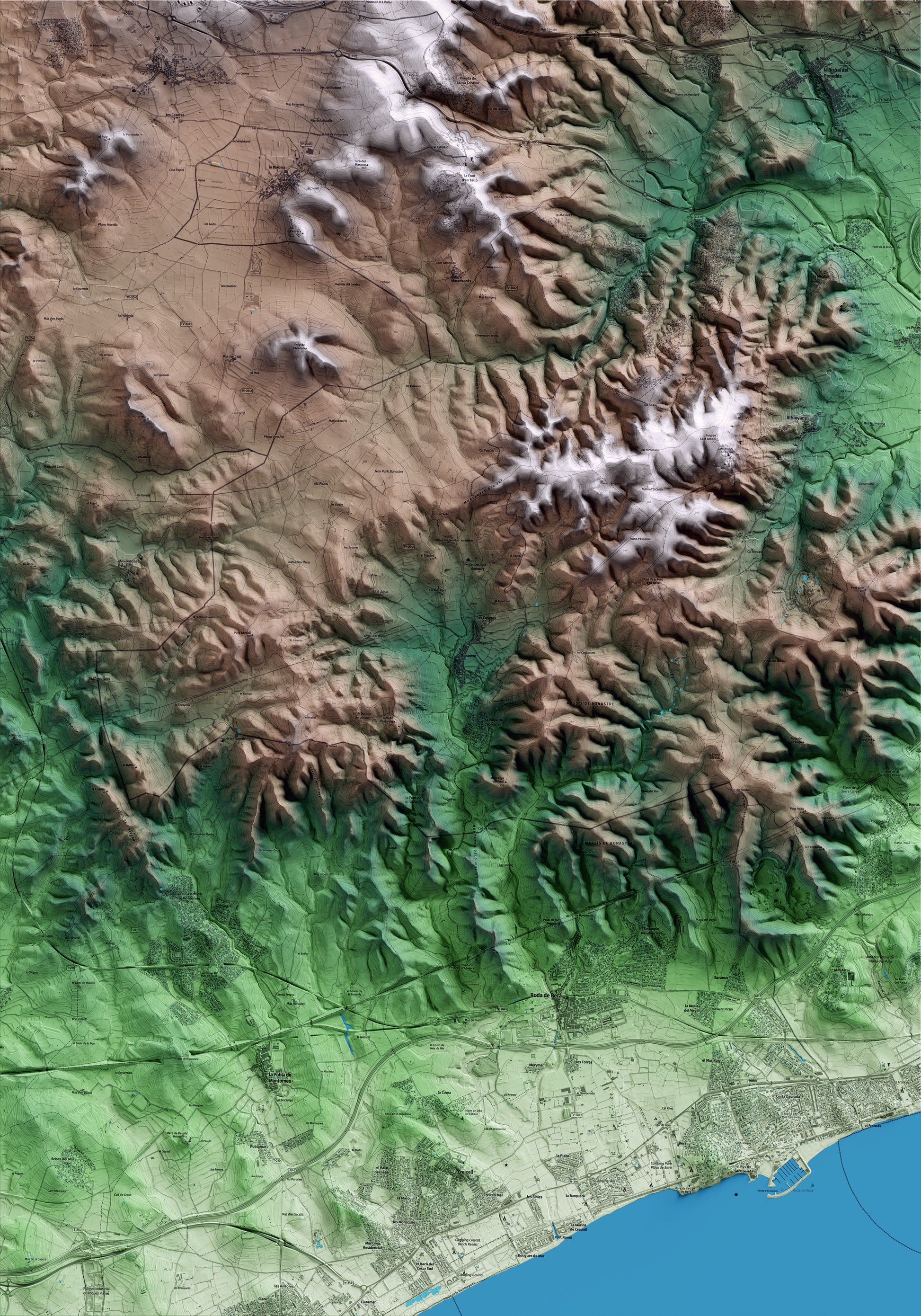 Mapa artístico del relieve de Bonastre, al Baix Penedès, con 15 km de entorno y base topográfica ICGC