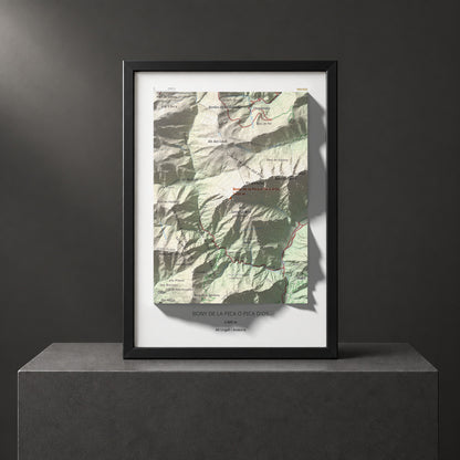 Mapa de relieve de Bony de la Pica o Pica d'Os, 2405 m, Alt Urgell · Andorra, lámina 100 Cims de Trobart. Presentación enmarcada. 21 × 30 cm.