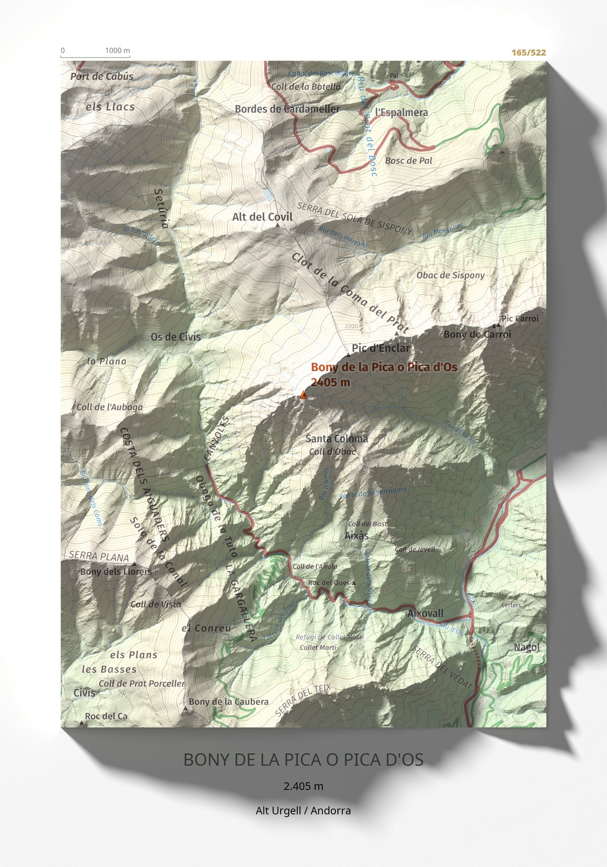 Mapa de relieve de Bony de la Pica o Pica d'Os, 2405 m, Alt Urgell · Andorra, lámina 100 Cims de Trobart 21 × 30 cm.