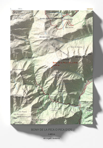 Mapa de relieve de Bony de la Pica o Pica d'Os, 2405 m, Alt Urgell · Andorra, lámina 100 Cims de Trobart 21 × 30 cm.