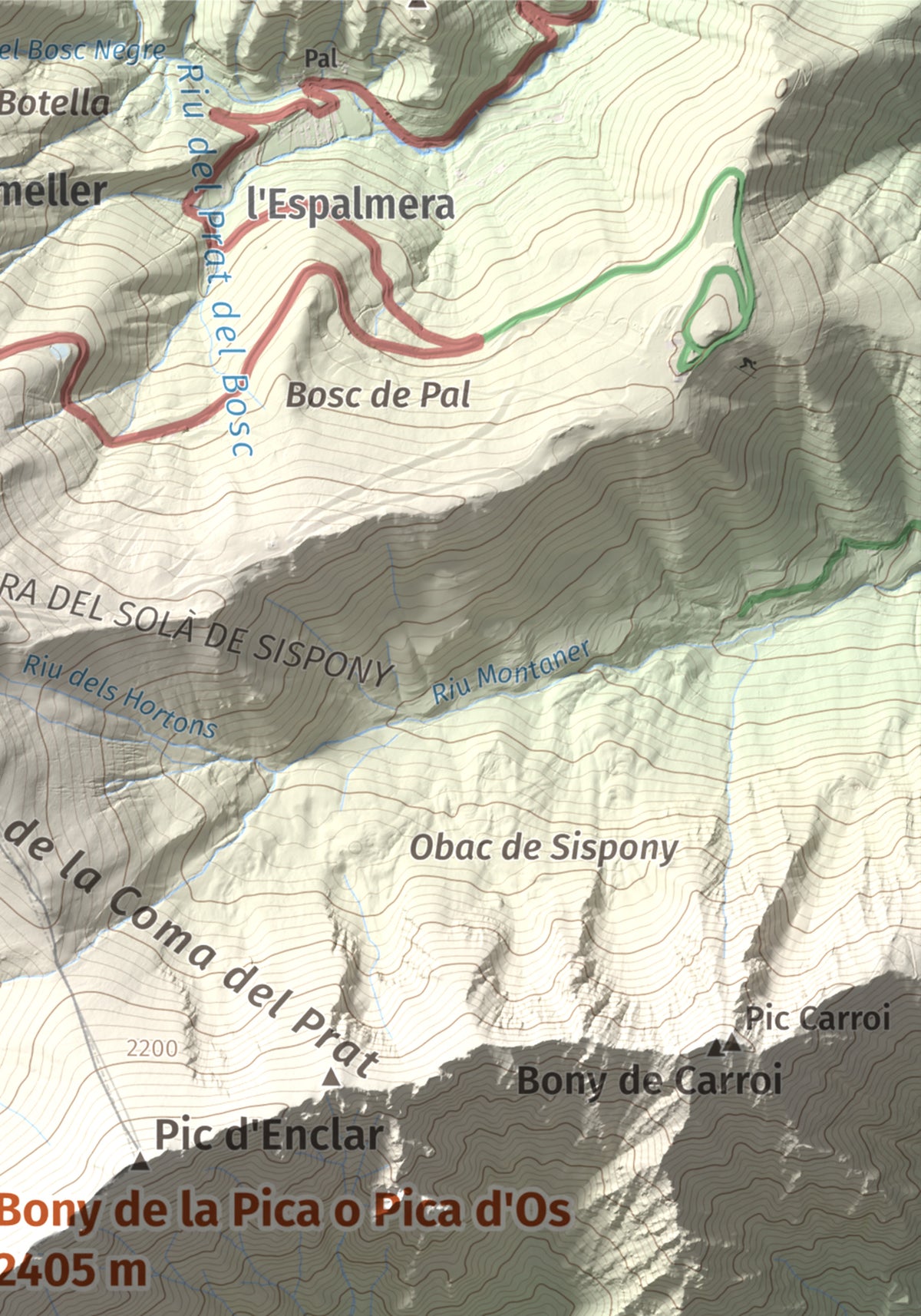Mapa de relieve de Bony de la Pica o Pica d'Os, 2405 m, Alt Urgell · Andorra, lámina 100 Cims de Trobart. Detalle de la zona superior derecha. 21 × 30 cm.