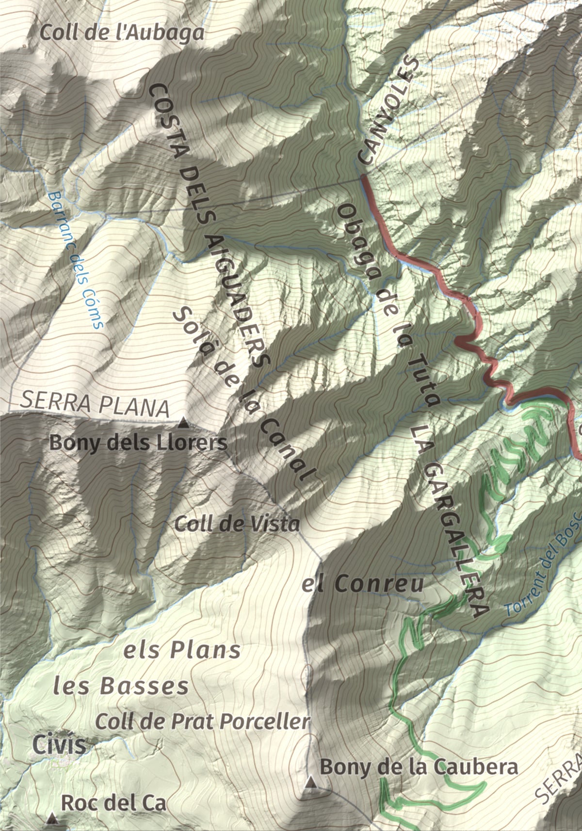 Mapa de relieve de Bony de la Pica o Pica d'Os, 2405 m, Alt Urgell · Andorra, lámina 100 Cims de Trobart. Detalle de la zona inferior izquierda. 21 × 30 cm.