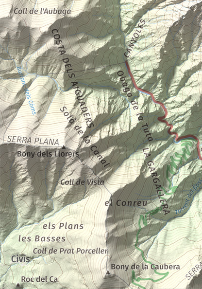 Mapa de relieve de Bony de la Pica o Pica d'Os, 2405 m, Alt Urgell · Andorra, lámina 100 Cims de Trobart. Detalle de la zona inferior izquierda. 21 × 30 cm.