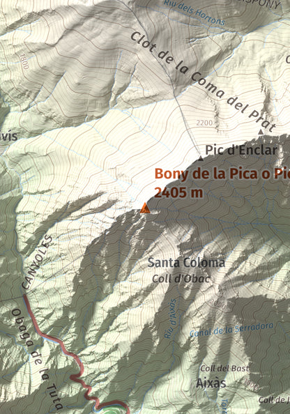 Mapa de relieve de Bony de la Pica o Pica d'Os, 2405 m, Alt Urgell · Andorra, lámina 100 Cims de Trobart. Detalle de la zona central. 21 × 30 cm.