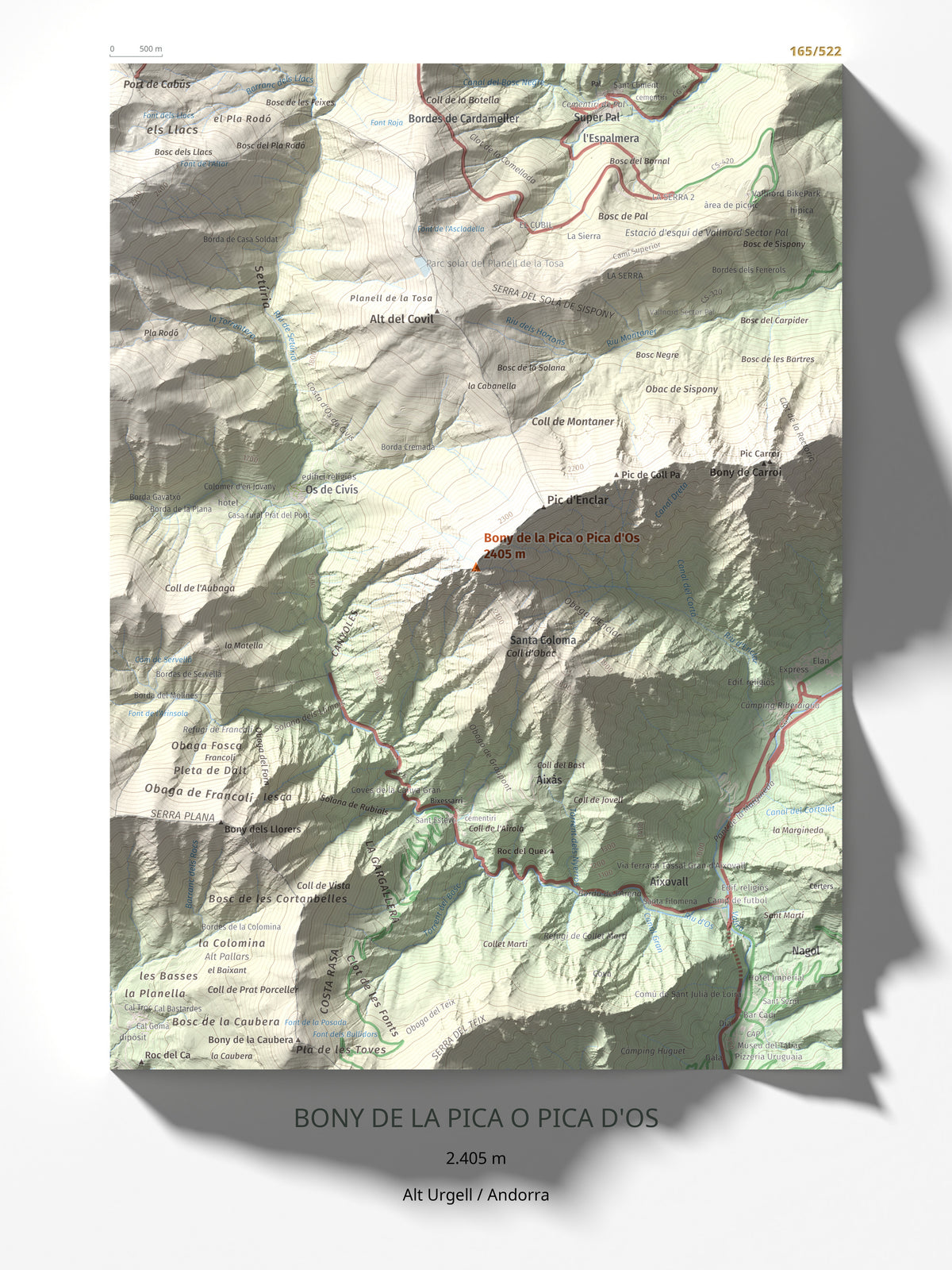Mapa de relieve de Bony de la Pica o Pica d'Os, 2405 m, Alt Urgell · Andorra, lámina 100 Cims de Trobart 30 × 40 cm.
