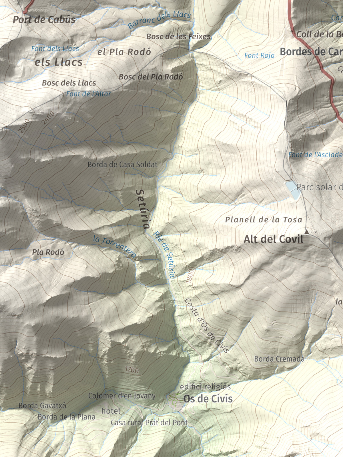 Mapa de relieve de Bony de la Pica o Pica d'Os, 2405 m, Alt Urgell · Andorra, lámina 100 Cims de Trobart. Detalle de la zona superior izquierda. 30 × 40 cm.