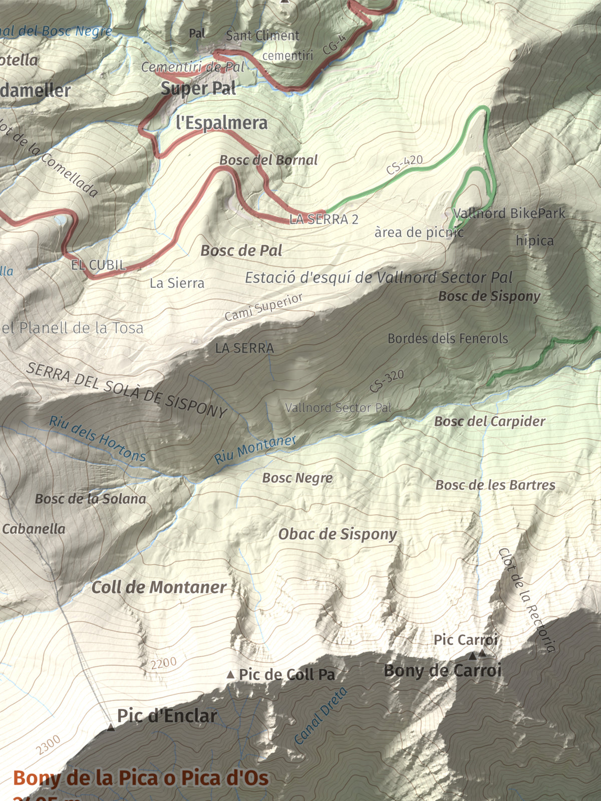 Mapa de relieve de Bony de la Pica o Pica d'Os, 2405 m, Alt Urgell · Andorra, lámina 100 Cims de Trobart. Detalle de la zona superior derecha. 30 × 40 cm.