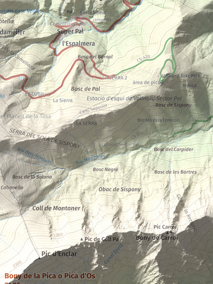 Mapa de relieve de Bony de la Pica o Pica d'Os, 2405 m, Alt Urgell · Andorra, lámina 100 Cims de Trobart. Detalle de la zona superior derecha. 30 × 40 cm.