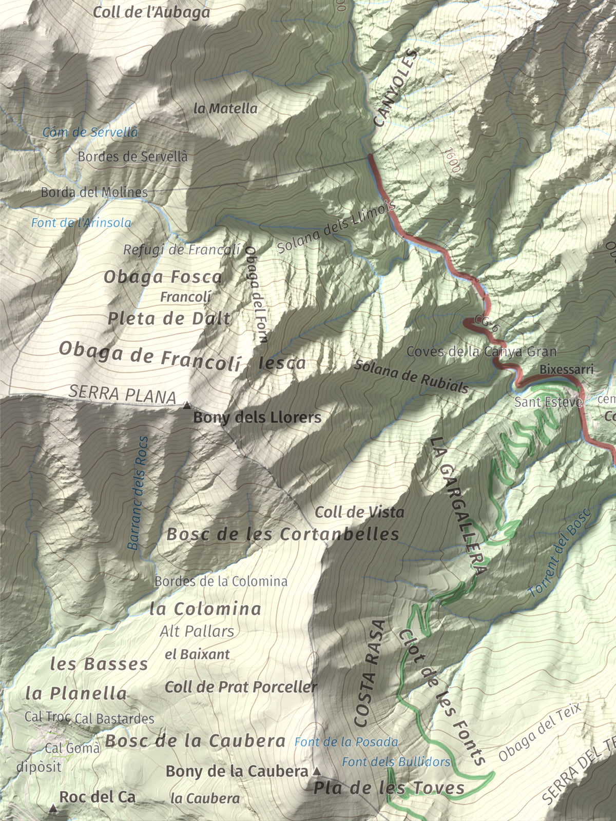 Mapa de relieve de Bony de la Pica o Pica d'Os, 2405 m, Alt Urgell · Andorra, lámina 100 Cims de Trobart. Detalle de la zona inferior izquierda. 30 × 40 cm.
