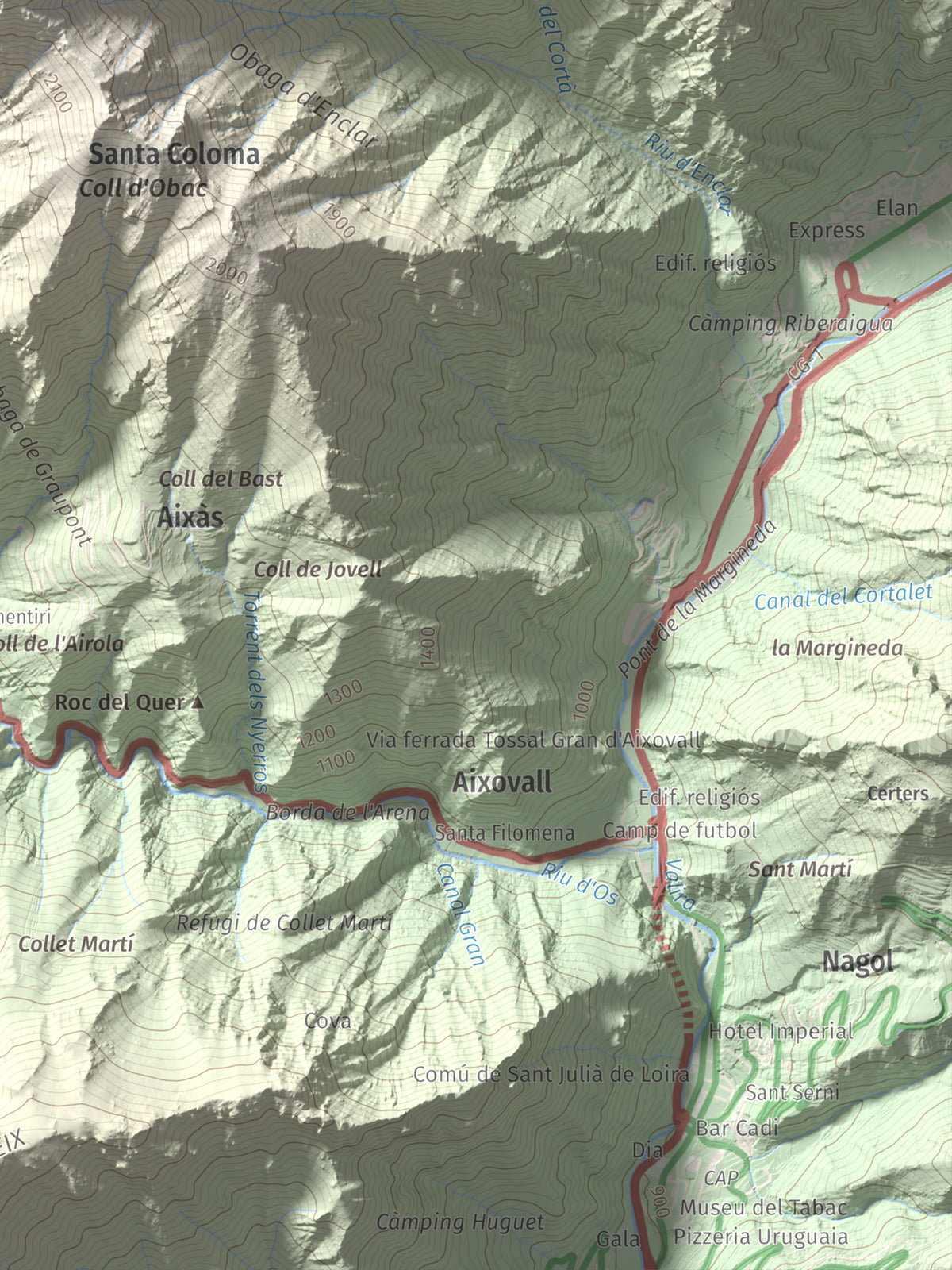 Mapa de relieve de Bony de la Pica o Pica d'Os, 2405 m, Alt Urgell · Andorra, lámina 100 Cims de Trobart. Detalle de la zona inferior derecha. 30 × 40 cm.