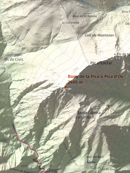 Mapa de relieve de Bony de la Pica o Pica d'Os, 2405 m, Alt Urgell · Andorra, lámina 100 Cims de Trobart. Detalle de la zona central. 30 × 40 cm.