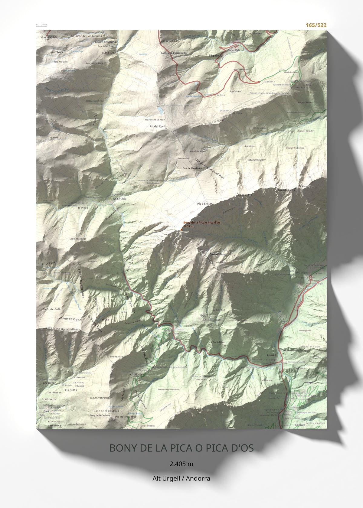 Mapa de relieve de Bony de la Pica o Pica d'Os, 2405 m, Alt Urgell · Andorra, lámina 100 Cims de Trobart 50 × 70 cm.
