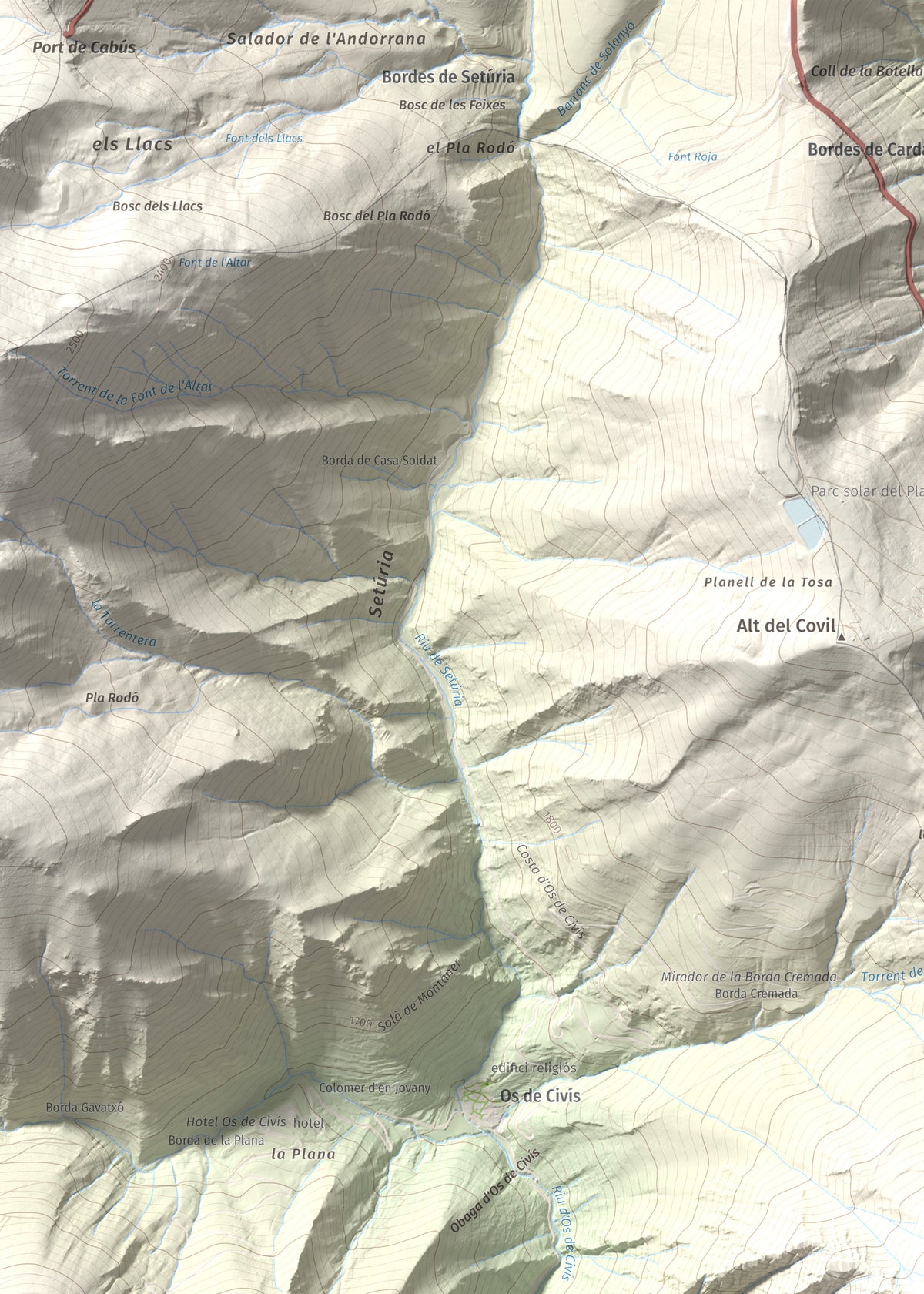 Mapa de relieve de Bony de la Pica o Pica d'Os, 2405 m, Alt Urgell · Andorra, lámina 100 Cims de Trobart. Detalle de la zona superior izquierda. 50 × 70 cm.